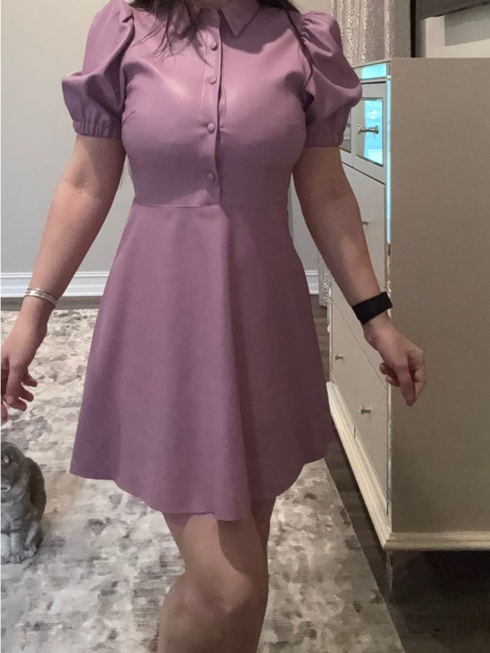 Zara Lilac Puff-Sleeve Faux leather Mini Dress